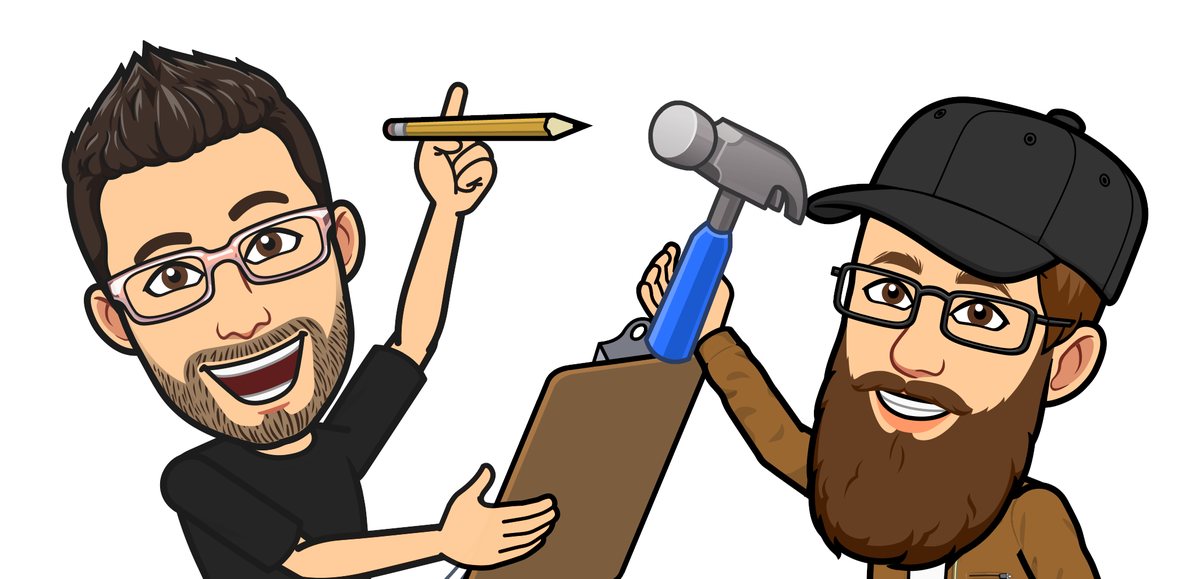 Cartoon portraits of two bearded men in glasses, one holding a pencil and a clipboard, the other raising a hammer