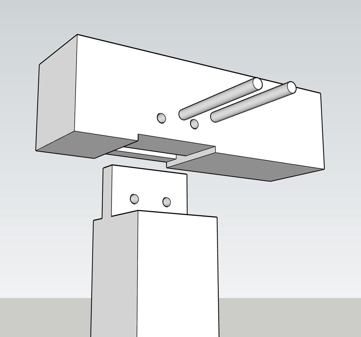 SketchUp model close-up of a mortise and tenon joint with drawbore peg holes