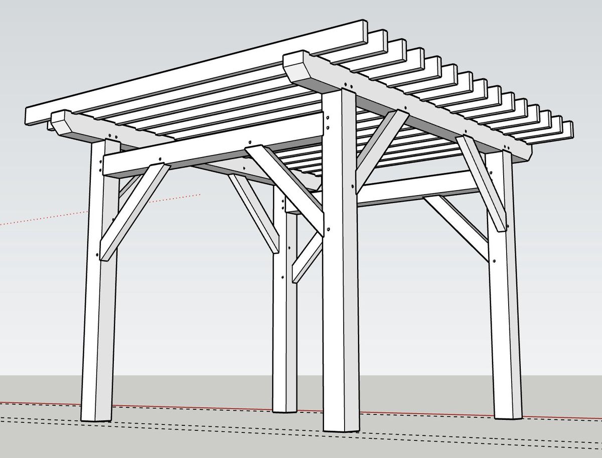 SketchUp model of a timber frame pergola showing posts, beams and rafter layout