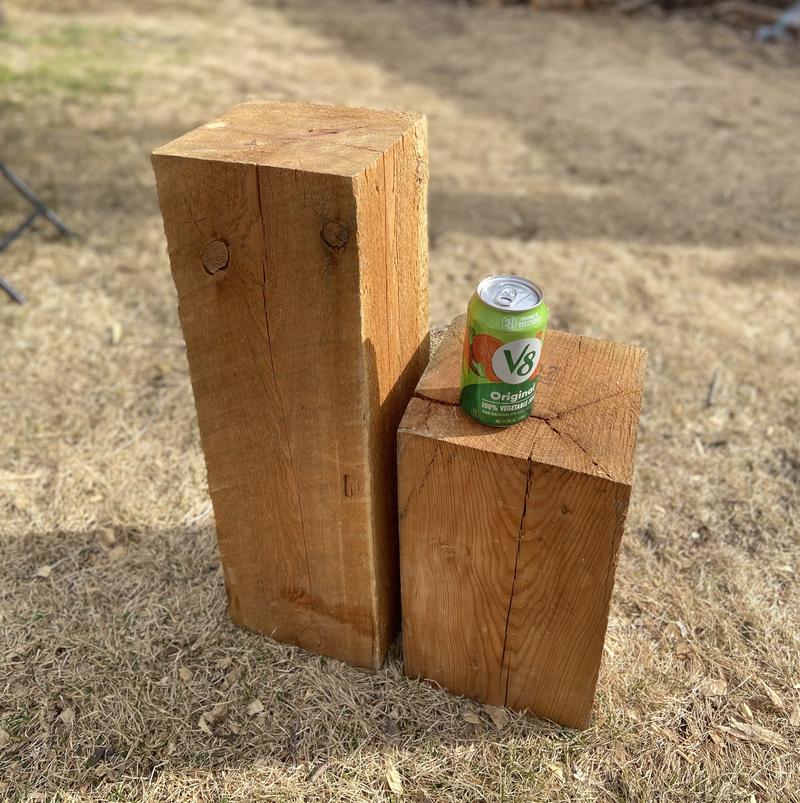 V8 can showing scale of 8x8 Douglas Fir timber post